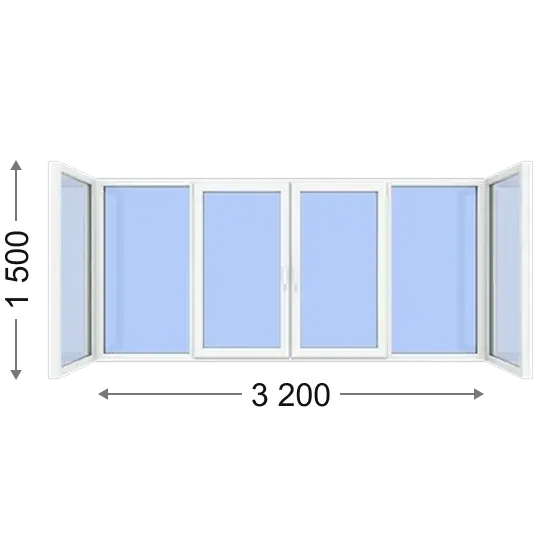 Пластикові вікна | Ціна в Києві від Стандарт Вікна Станадрт Вікна 18 П — подібний балкон з двома поворотно-відкидними стулками. Розмір — 3 200 х 1 500 мм